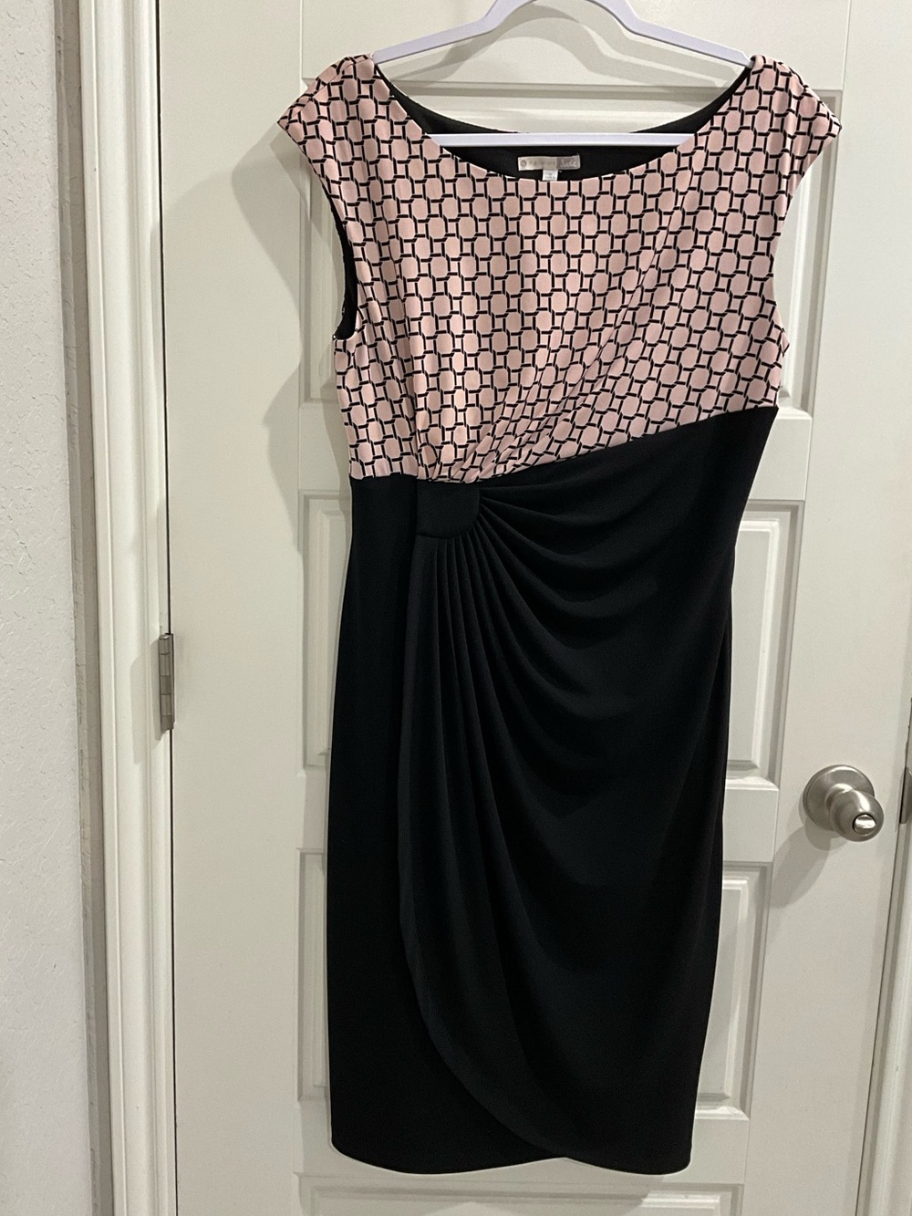Signature Studio Pink Geo Print and Black Draped Midi Dress